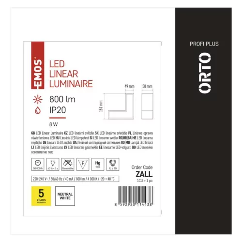 EMOS ZALL, LED lineáris lámpatest ORTO LCON 8W, semleges fehér