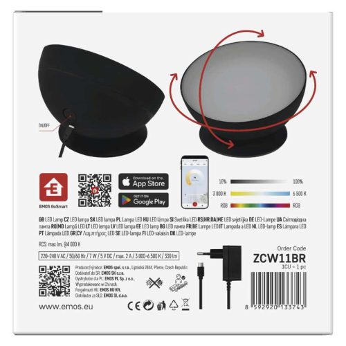 EMOS ZCW11BR, GoSmart LED hangulatlámpa, fekete, meleg fehér–hideg fehér/ RGB, WiFi