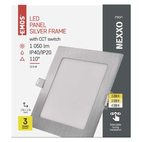 EMOS ZD2233, LED süllyesztett lámpatest NEXXO, négyzet, ezüst, 12W, CCT
