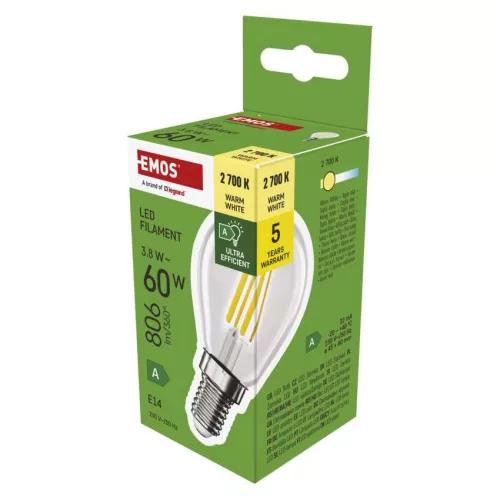 EMOS ZF1A42, LED izzó Filament Mini Globe A CLASS / E14 / 3,8 W (60 W) / 806 lm / meleg fehér