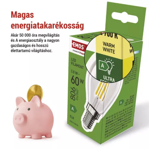 EMOS ZF1A42, LED izzó Filament Mini Globe A CLASS / E14 / 3,8 W (60 W) / 806 lm / meleg fehér