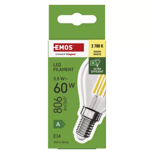 EMOS ZF1A42, LED izzó Filament Mini Globe A CLASS / E14 / 3,8 W (60 W) / 806 lm / meleg fehér