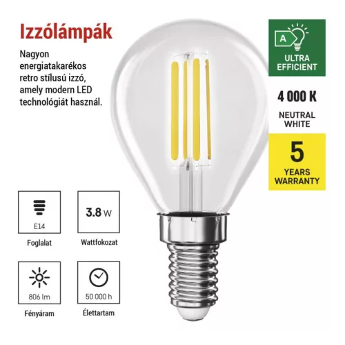 EMOS ZF1A43, LED izzó Filament Mini Globe  A CLASS/ E14 / 3,8 W (60 W) / 806 lm / Természetes fehér