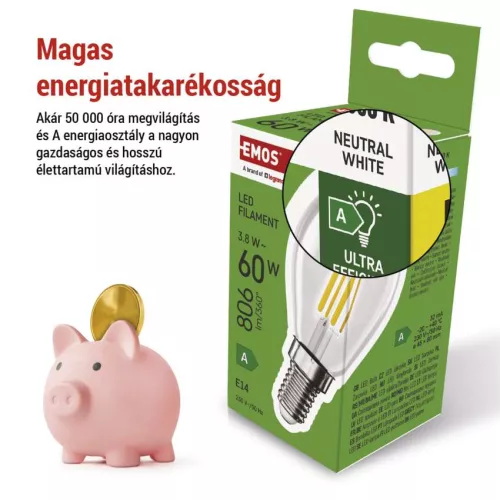 EMOS ZF1A43, LED izzó Filament Mini Globe  A CLASS/ E14 / 3,8 W (60 W) / 806 lm / Természetes fehér