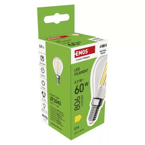 EMOS ZF1D43, LED izzó Filament Mini Globe / E14 / 5,9 W (60 W) / 806 lm / Természetes fehér