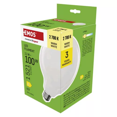 EMOS ZF2D62, LED izzó Filament G125 / E27 / 11 W (100 W) / 1521 lm / Meleg fehér