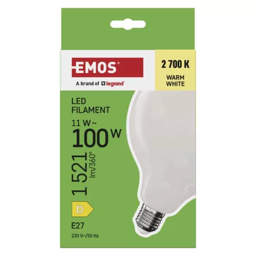 EMOS ZF2D62, LED izzó Filament G125 / E27 / 11 W (100 W) / 1521 lm / Meleg fehér