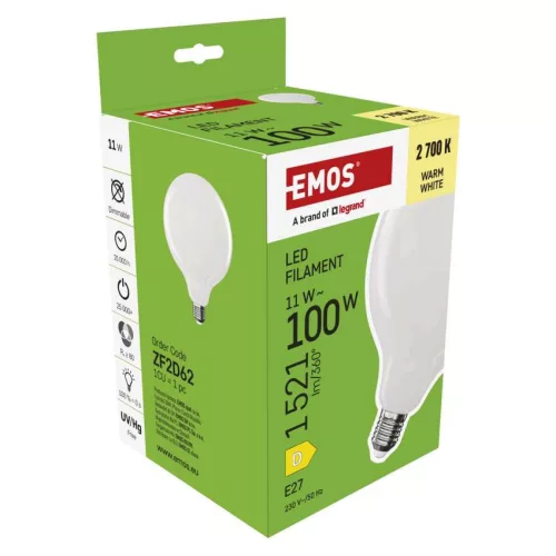 EMOS ZF2D62, LED izzó Filament G125 / E27 / 11 W (100 W) / 1521 lm / Meleg fehér