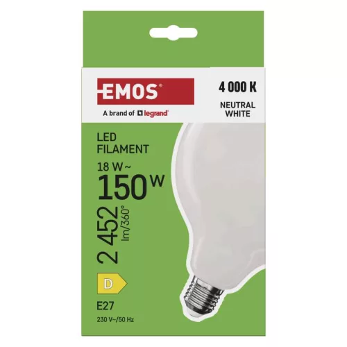 EMOS ZF2D83, LED izzó Filament G125 / E27 / 18 W (150 W) / 2452 lm / Természetes fehér