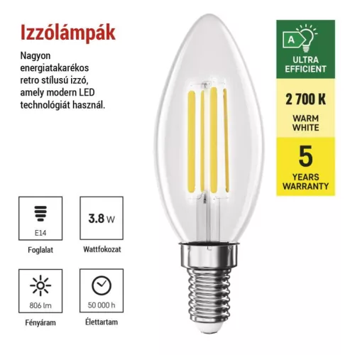 EMOS ZF3A42, LED izzó Filament gyertya A CLASS/ E14 / 3,8 W (60 W) / 806 lm / Meleg fehér