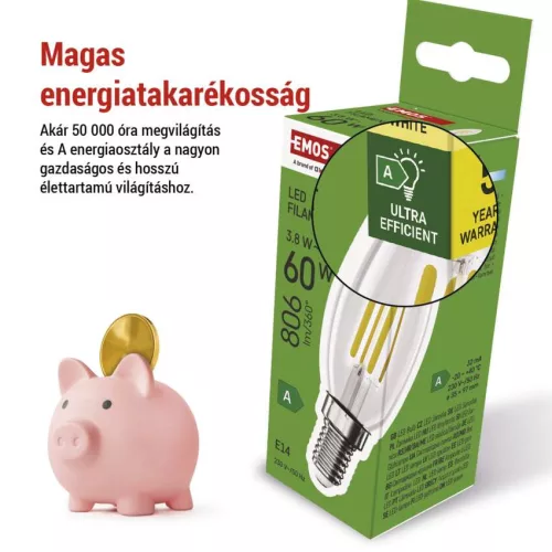 EMOS ZF3A42, LED izzó Filament gyertya A CLASS/ E14 / 3,8 W (60 W) / 806 lm / Meleg fehér