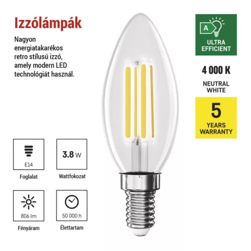 EMOS ZF3A43, LED izzó Filament gyertya A CLASS/ E14 / 3,8 W (60 W) / 806 lm / természetes fehér