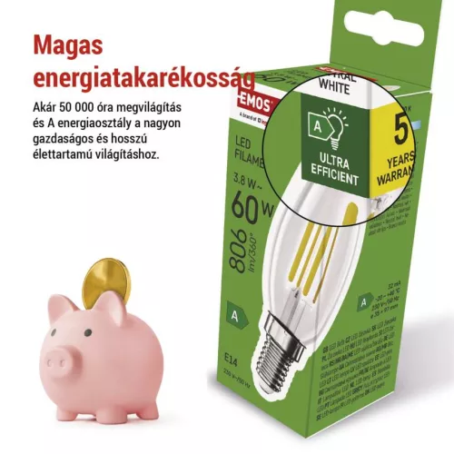 EMOS ZF3A43, LED izzó Filament gyertya A CLASS/ E14 / 3,8 W (60 W) / 806 lm / természetes fehér