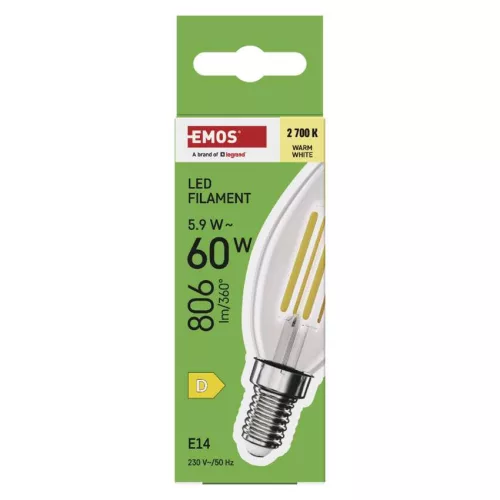 EMOS ZF3D42, LED izzó Filament gyertya / E14 / 5,9 W (60 W) / 806 lm / Meleg fehér