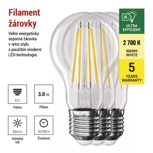 EMOS ZF5147.3, LED izzó Filament A60 / E27 / 3,8 W (60 W) / 806 lm / meleg fehér 3db