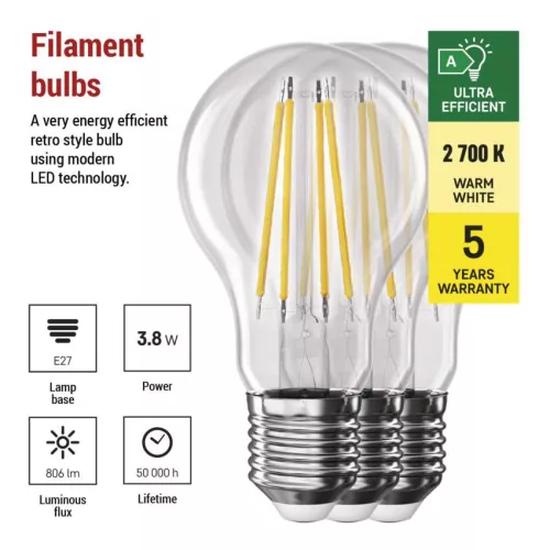 EMOS ZF5147.3, LED izzó Filament A60 / E27 / 3,8 W (60 W) / 806 lm / meleg fehér 3db