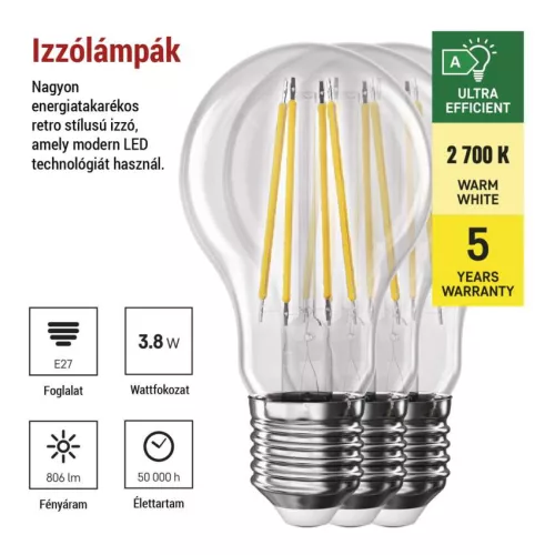 EMOS ZF5147.3, LED izzó Filament A60 / E27 / 3,8 W (60 W) / 806 lm / meleg fehér 3db