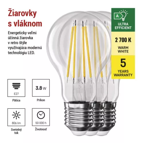 EMOS ZF5147.3, LED izzó Filament A60 / E27 / 3,8 W (60 W) / 806 lm / meleg fehér 3db