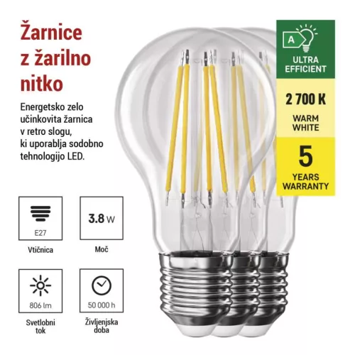 EMOS ZF5147.3, LED izzó Filament A60 / E27 / 3,8 W (60 W) / 806 lm / meleg fehér 3db