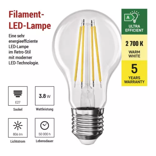 EMOS ZF5147, LED izzó Filament A60 / E27 / 3,8 W (60 W) / 806 lm / meleg fehér
