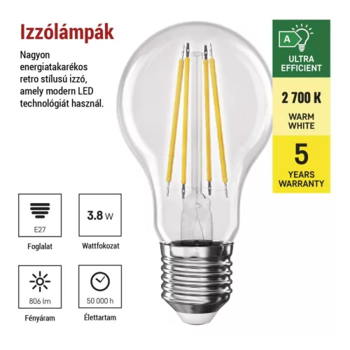 EMOS ZF5147, LED izzó Filament A60 / E27 / 3,8 W (60 W) / 806 lm / meleg fehér