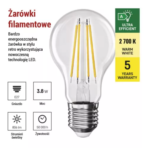 EMOS ZF5147, LED izzó Filament A60 / E27 / 3,8 W (60 W) / 806 lm / meleg fehér
