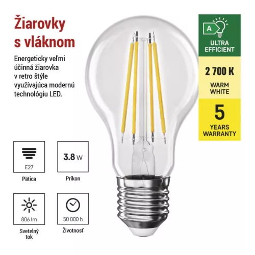 EMOS ZF5147, LED izzó Filament A60 / E27 / 3,8 W (60 W) / 806 lm / meleg fehér