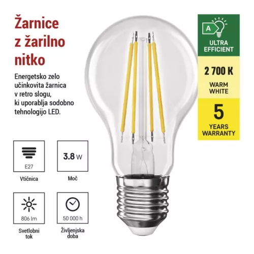 EMOS ZF5147, LED izzó Filament A60 / E27 / 3,8 W (60 W) / 806 lm / meleg fehér