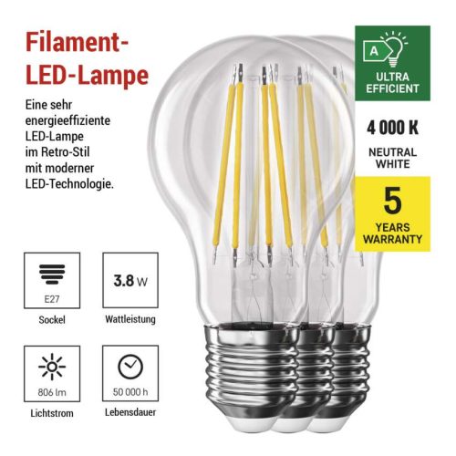 EMOS ZF5148.3, LED izzó Filament A60 / E27 / 3,8 W (60 W) / 806 lm / természetes fehér 3db
