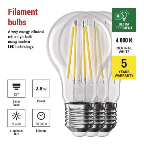 EMOS ZF5148.3, LED izzó Filament A60 / E27 / 3,8 W (60 W) / 806 lm / természetes fehér 3db