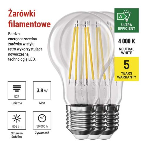 EMOS ZF5148.3, LED izzó Filament A60 / E27 / 3,8 W (60 W) / 806 lm / természetes fehér 3db