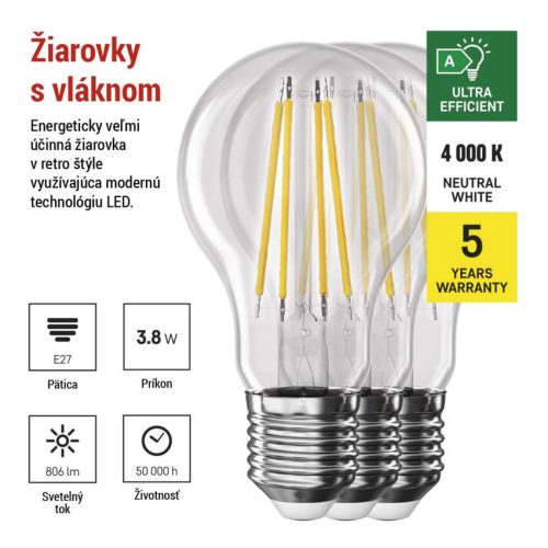 EMOS ZF5148.3, LED izzó Filament A60 / E27 / 3,8 W (60 W) / 806 lm / természetes fehér 3db