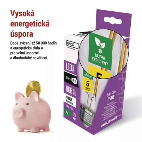 EMOS ZF5148, LED izzó Filament A60 / E27 / 3,8 W (60 W) / 806 lm / természetes fehér