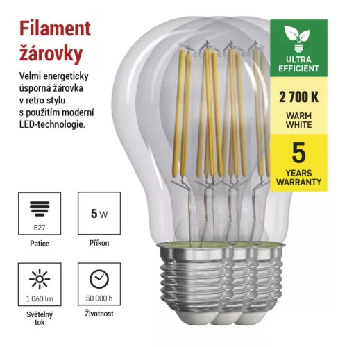 EMOS ZF5157.3, LED izzó Filament A60 / E27 / 5 W (75 W) / 1 060 lm / meleg fehér 3db
