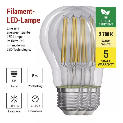 EMOS ZF5157.3, LED izzó Filament A60 / E27 / 5 W (75 W) / 1 060 lm / meleg fehér 3db
