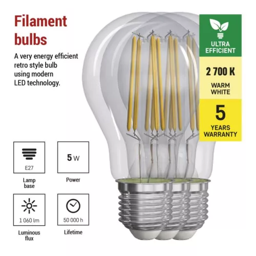 EMOS ZF5157.3, LED izzó Filament A60 / E27 / 5 W (75 W) / 1 060 lm / meleg fehér 3db