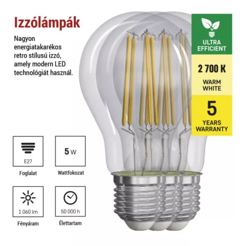 EMOS ZF5157.3, LED izzó Filament A60 / E27 / 5 W (75 W) / 1 060 lm / meleg fehér 3db