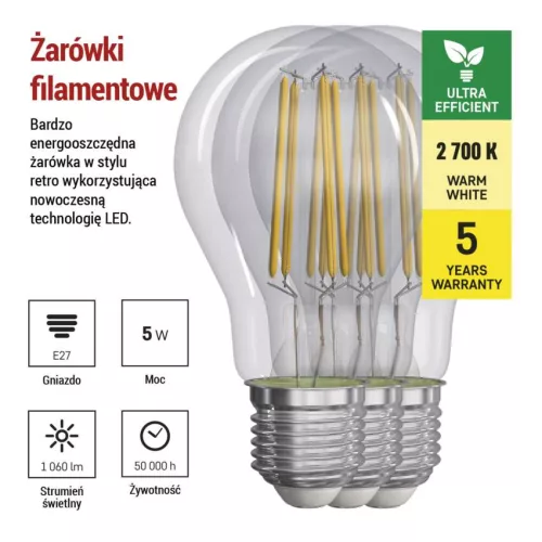 EMOS ZF5157.3, LED izzó Filament A60 / E27 / 5 W (75 W) / 1 060 lm / meleg fehér 3db