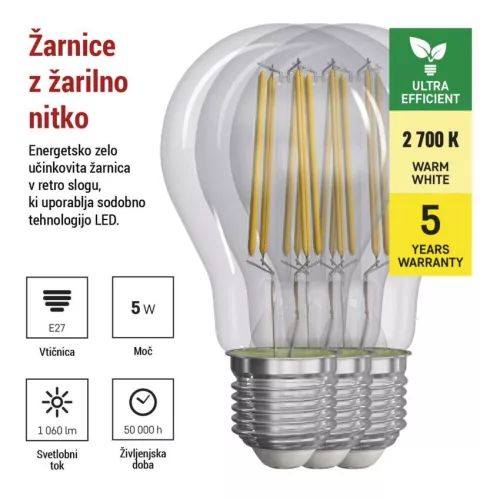 EMOS ZF5157.3, LED izzó Filament A60 / E27 / 5 W (75 W) / 1 060 lm / meleg fehér 3db