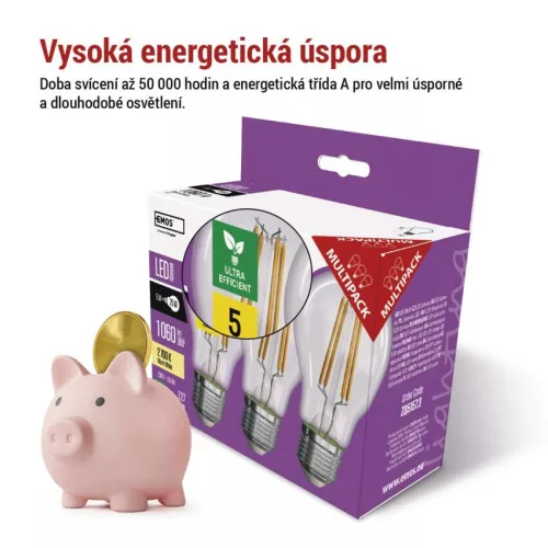 EMOS ZF5157.3, LED izzó Filament A60 / E27 / 5 W (75 W) / 1 060 lm / meleg fehér 3db