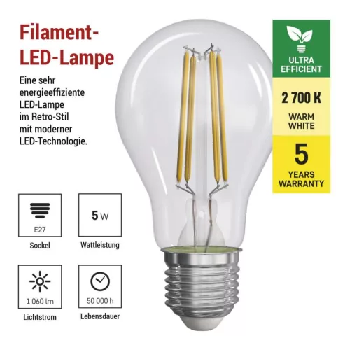 EMOS ZF5157, LED izzó Filament A60 / E27 / 5 W (75 W) / 1 060 lm / meleg fehér