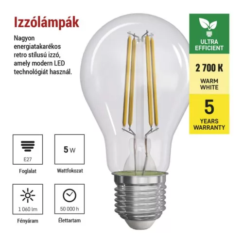 EMOS ZF5157, LED izzó Filament A60 / E27 / 5 W (75 W) / 1 060 lm / meleg fehér