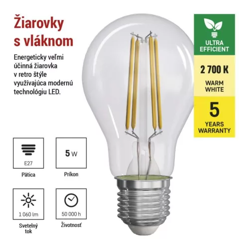 EMOS ZF5157, LED izzó Filament A60 / E27 / 5 W (75 W) / 1 060 lm / meleg fehér
