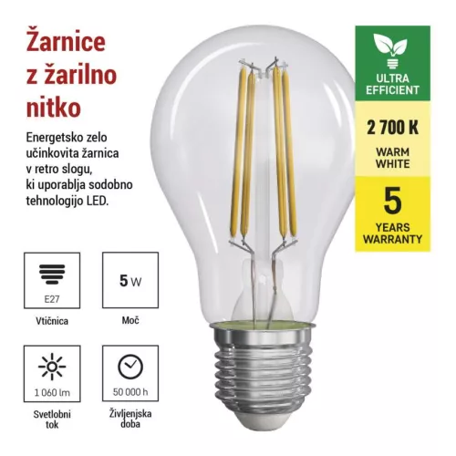 EMOS ZF5157, LED izzó Filament A60 / E27 / 5 W (75 W) / 1 060 lm / meleg fehér
