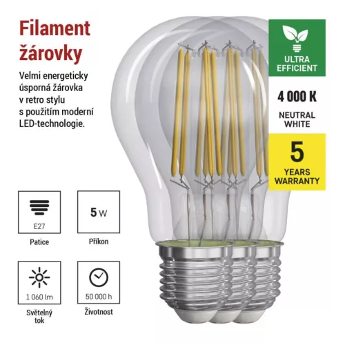 EMOS ZF5158.3, LED izzó Filament A60 / E27 / 5 W (75 W) / 1 060 lm / természetes fehér 3db