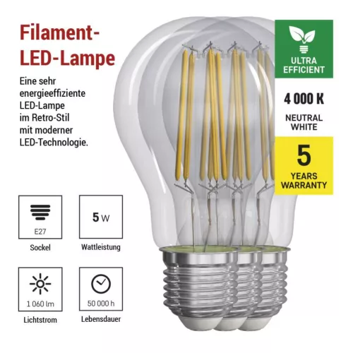 EMOS ZF5158.3, LED izzó Filament A60 / E27 / 5 W (75 W) / 1 060 lm / természetes fehér 3db