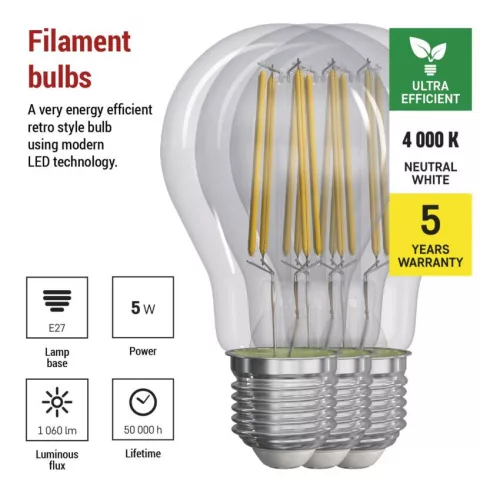 EMOS ZF5158.3, LED izzó Filament A60 / E27 / 5 W (75 W) / 1 060 lm / természetes fehér 3db