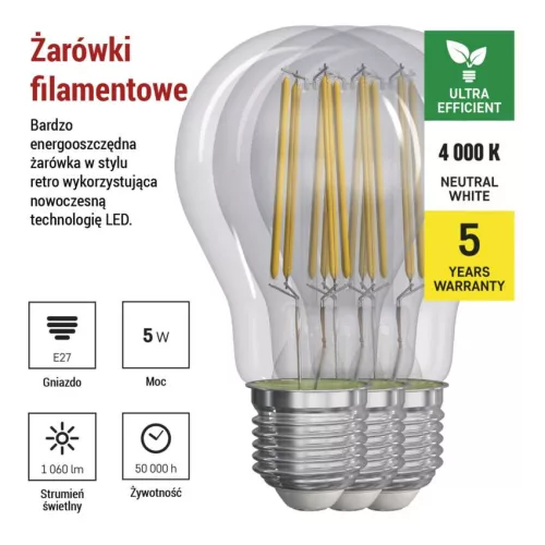 EMOS ZF5158.3, LED izzó Filament A60 / E27 / 5 W (75 W) / 1 060 lm / természetes fehér 3db
