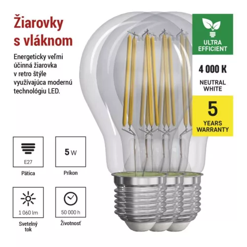 EMOS ZF5158.3, LED izzó Filament A60 / E27 / 5 W (75 W) / 1 060 lm / természetes fehér 3db