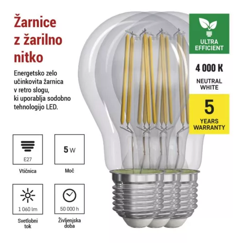 EMOS ZF5158.3, LED izzó Filament A60 / E27 / 5 W (75 W) / 1 060 lm / természetes fehér 3db